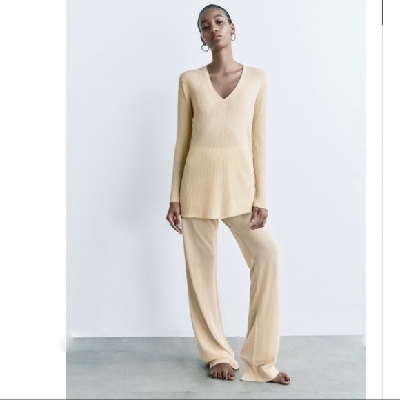 NWT ZARA 2 PIECES LONG RIB KNIT TOP + RIBBED HEM KNIT PANTS ECRU